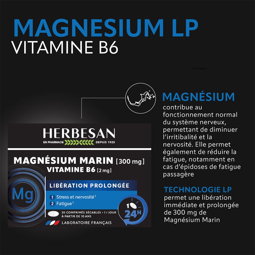 Texte sur fond noir: Magnésium LP, Vitamine B6. Informations sur le magnésium et Libération Prolongée.