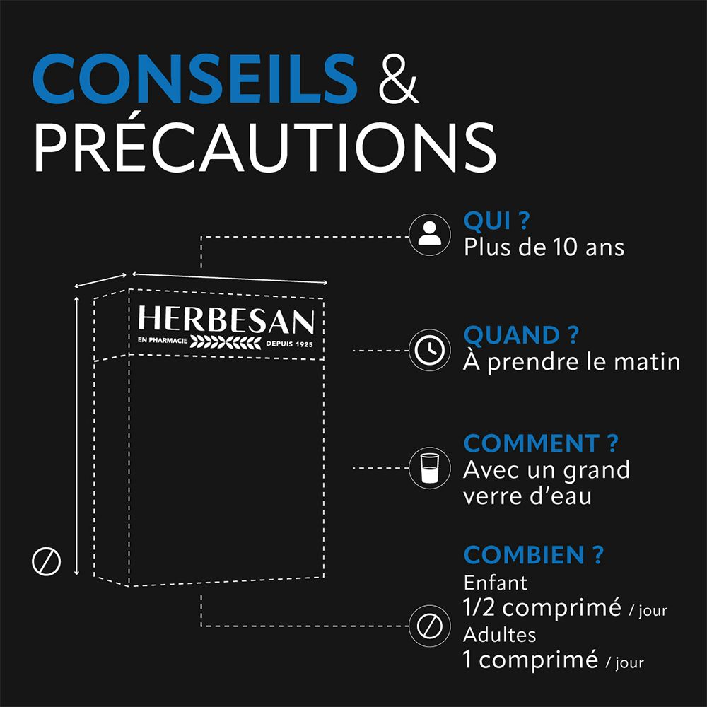 Fond noir avec texte et symboles. Informations sur l'utilisation et le dosage. Produit Herbesan.