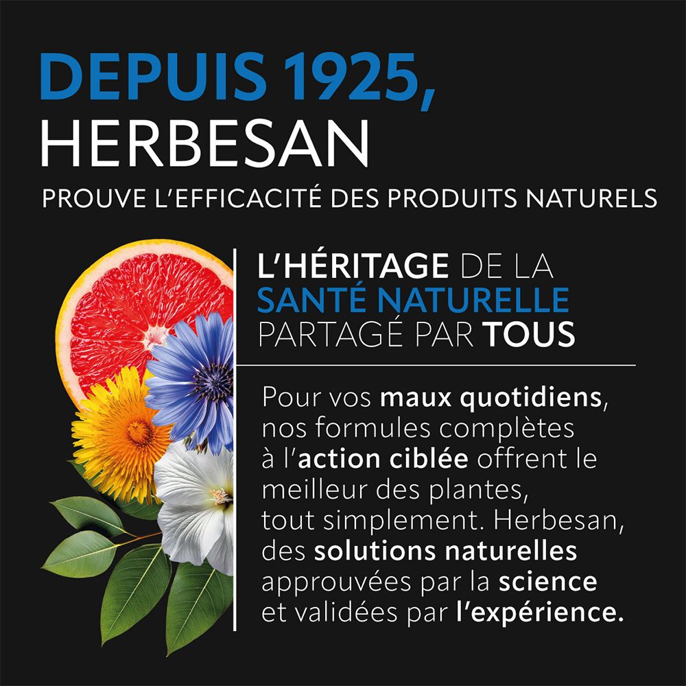 Texte sur fond noir: Depuis 1925, Herbesan. Illustration de fruits et fleurs. Texte sur la santé naturelle.
