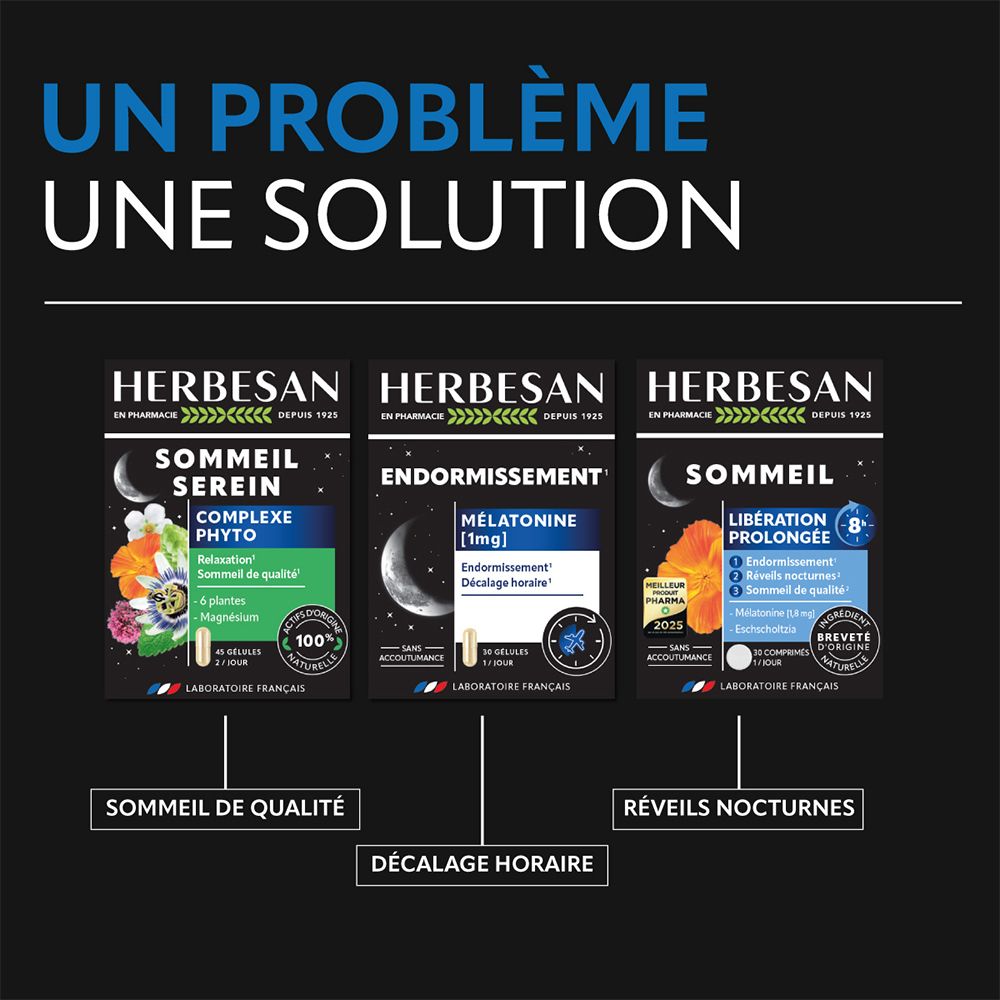 Trois emballages de produits sur fond noir. Produits Herbesan pour le sommeil et la récupération. Texte: Sommeil, Endormissement.