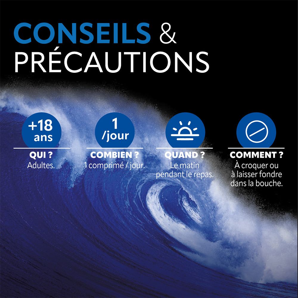 Graphique avec conseils d'utilisation. Adultes, 1 comprimé par jour, le matin pendant le repas, à croquer ou à laisser fondre.