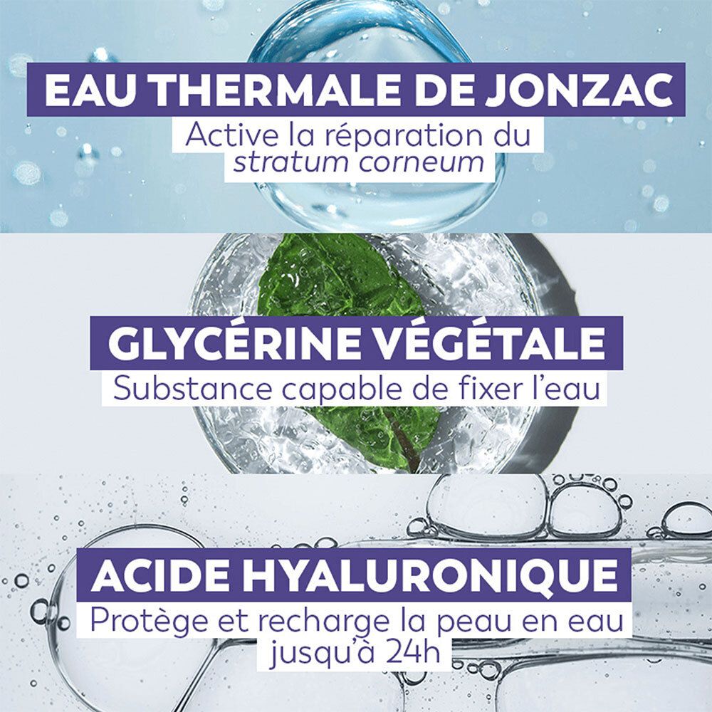 Gros plan sur les ingrédients. Texte: Eau Thermale de Jonzac, Glycérine Végétale, Acide Hyaluronique.