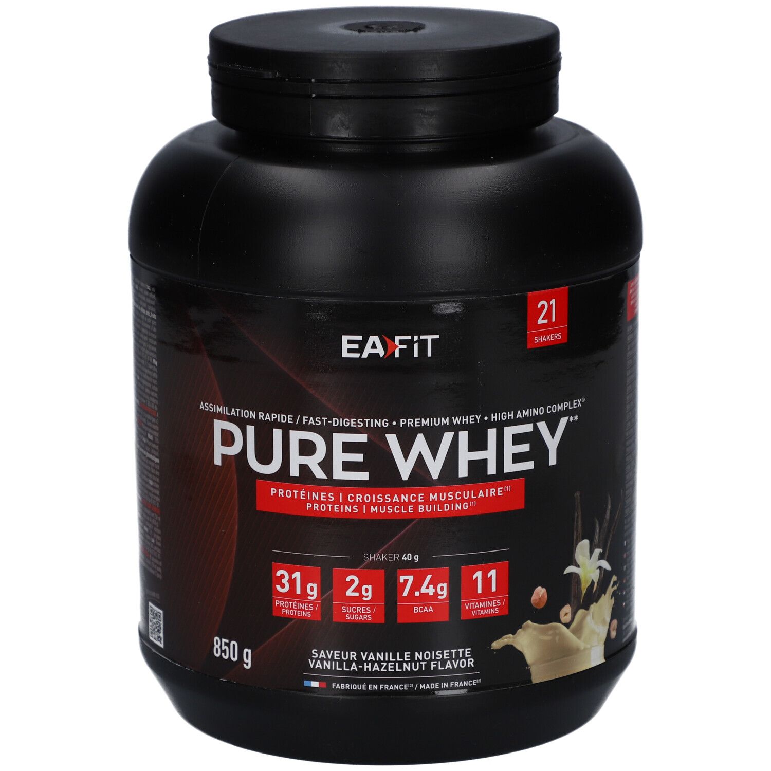 Pot noir EAFIT PURE WHEY. Inscriptions: 850g, 21 portions. Saveur vanille-noisette. Contient protéines, BCAA et vitamines.