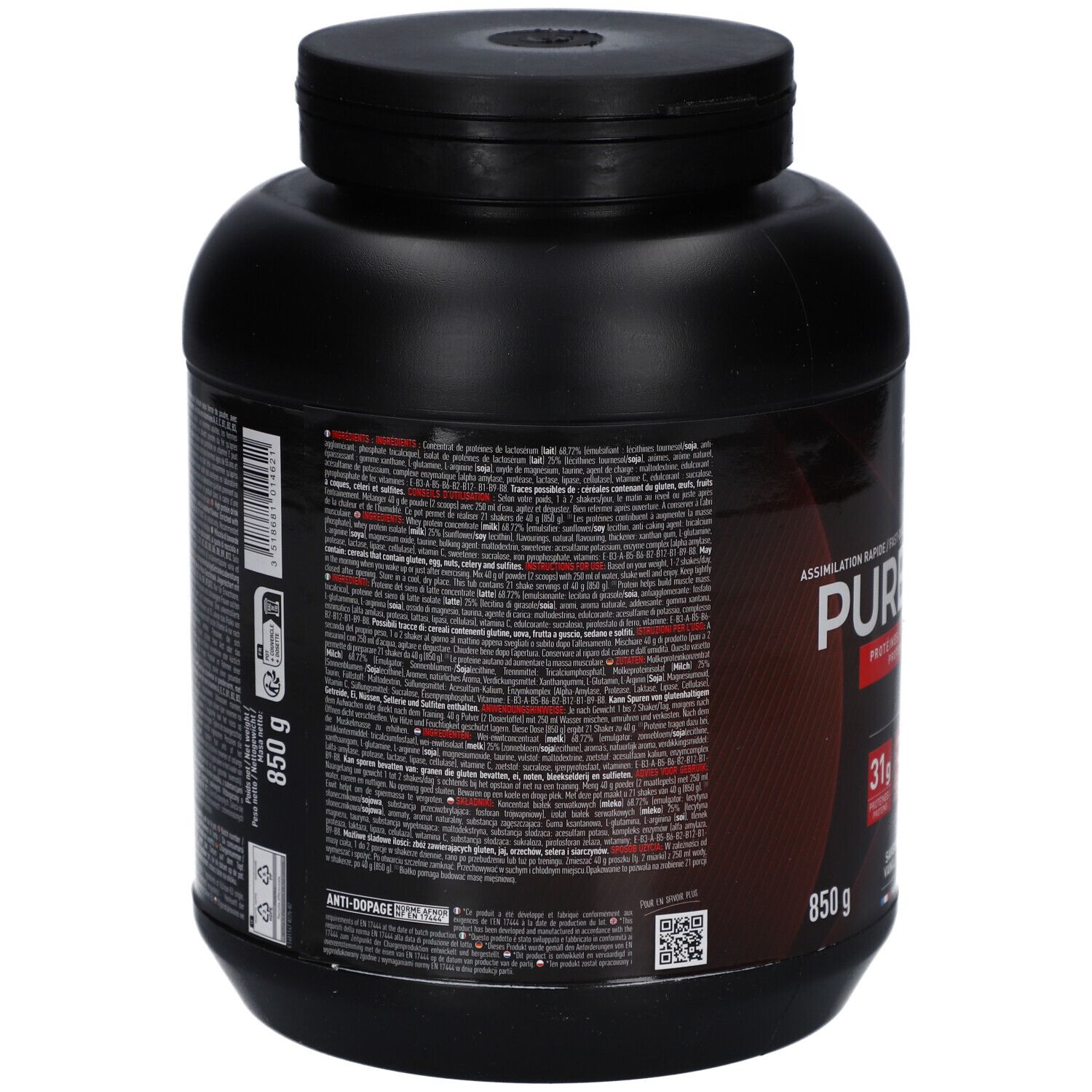 Dos d'un pot noir EAFIT PURE WHEY. Texte multilingue. Contient des informations sur les ingrédients et les valeurs nutritionnelles.