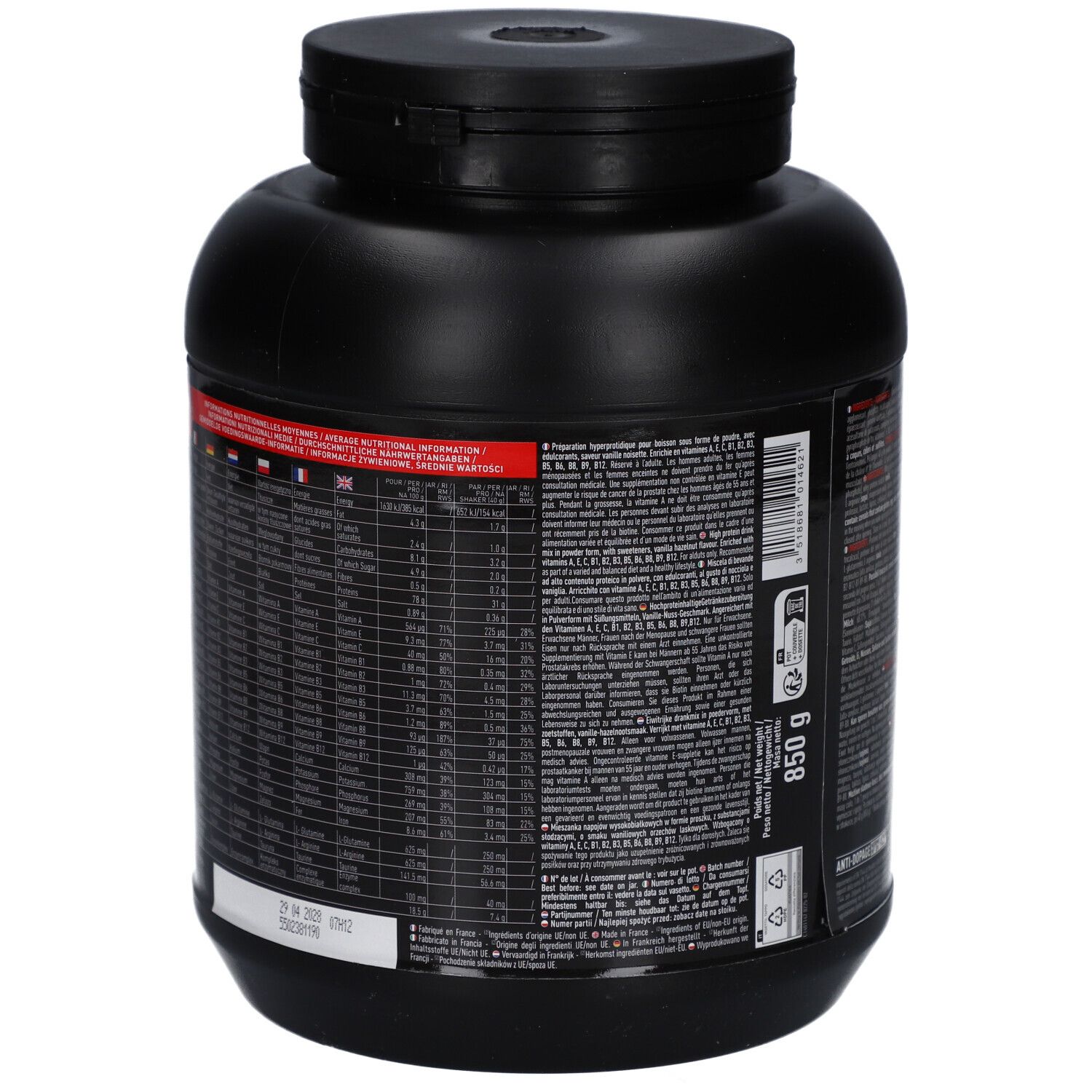 Dos d'un pot noir EAFIT PURE WHEY. Vue détaillée du tableau nutritionnel et des ingrédients en plusieurs langues.