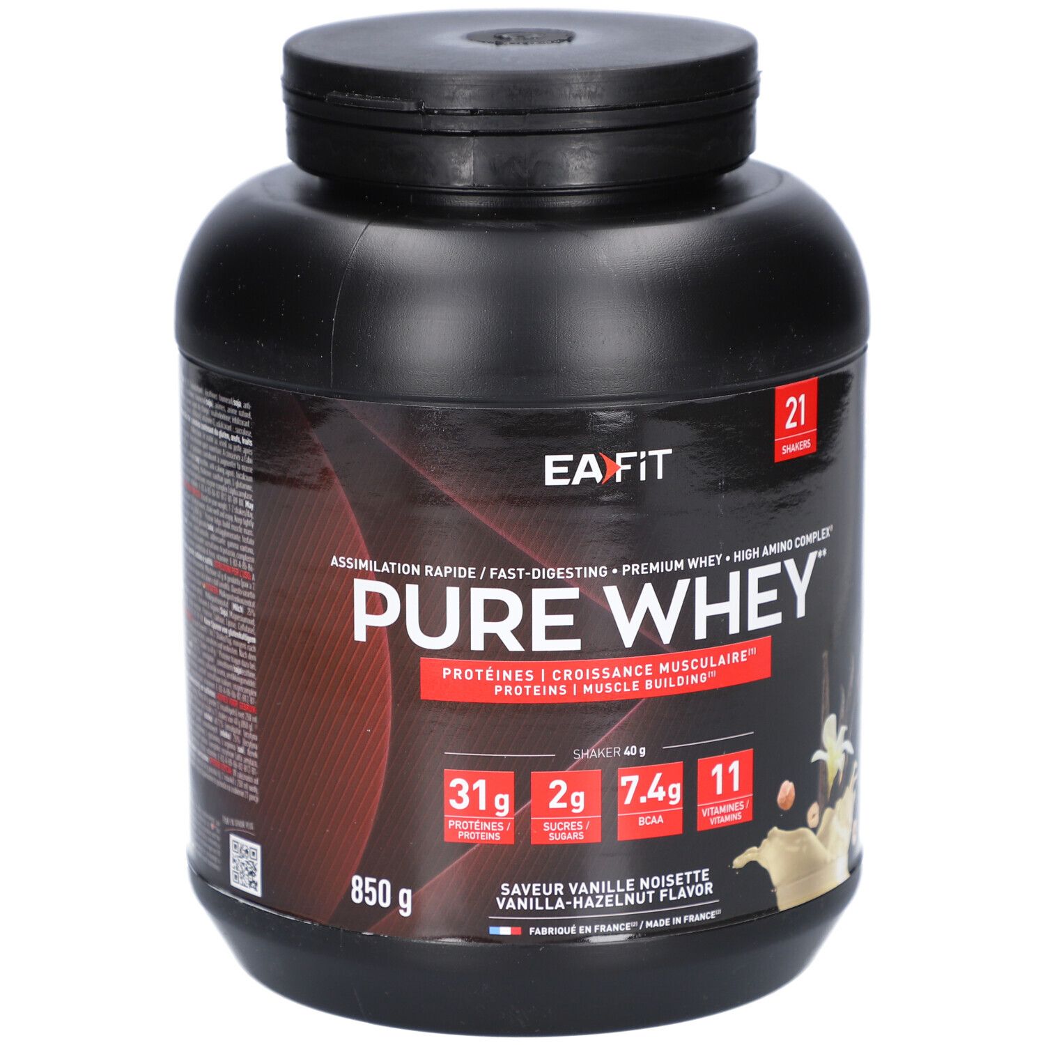 Pot noir EAFIT PURE WHEY. Inscriptions: 850g, 21 portions. Saveur vanille-noisette. Contient protéines, BCAA et vitamines.