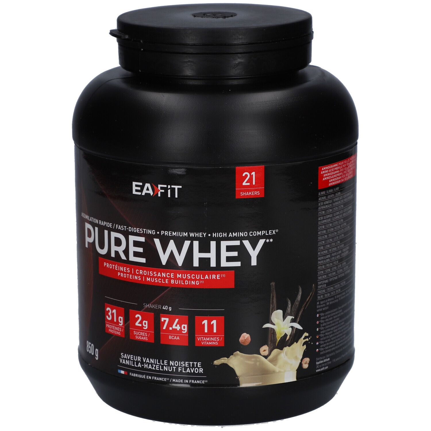 Pot noir EAFIT PURE WHEY. Inscriptions: 850g, 21 portions. Saveur vanille-noisette. Contient protéines, BCAA et vitamines.
