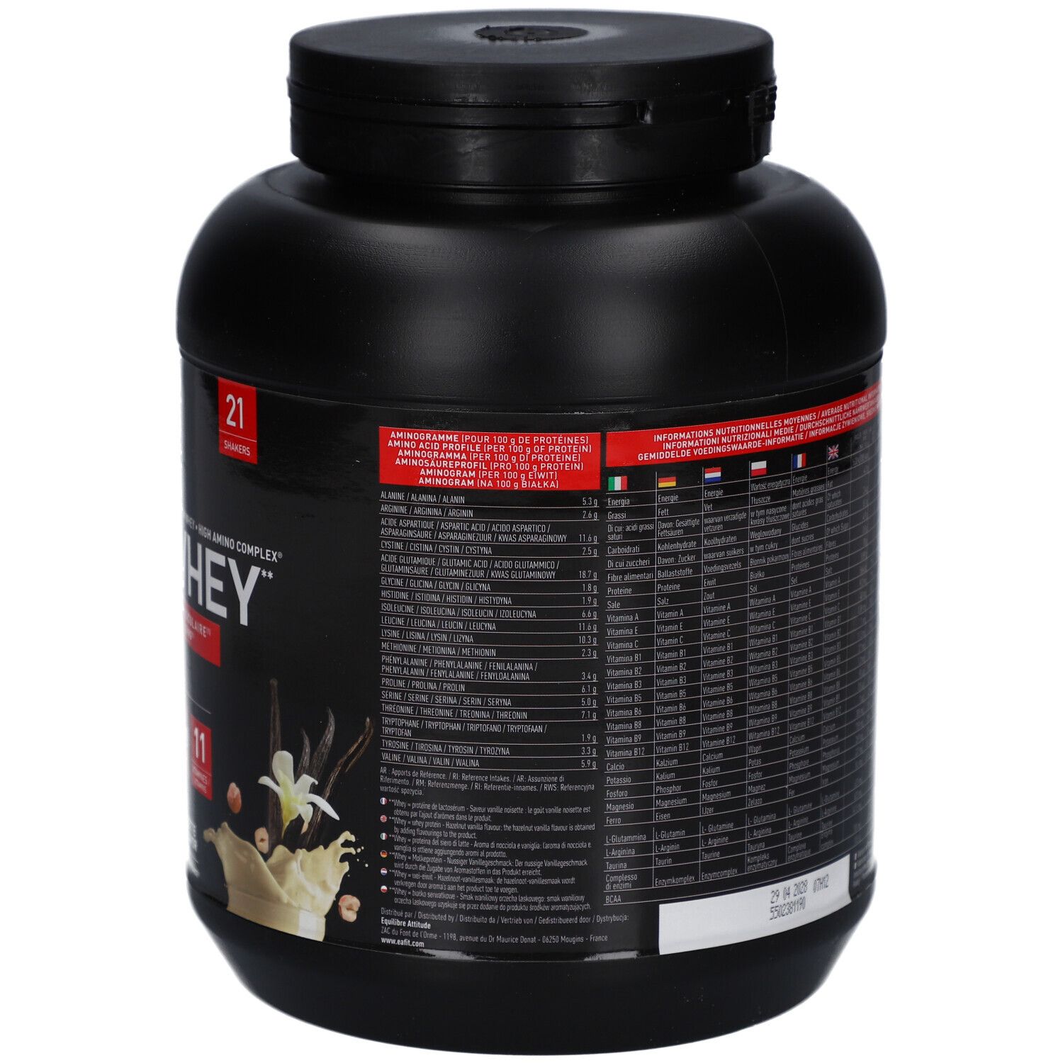 Dos d'un pot noir EAFIT PURE WHEY. Tableau nutritionnel et ingrédients en plusieurs langues.