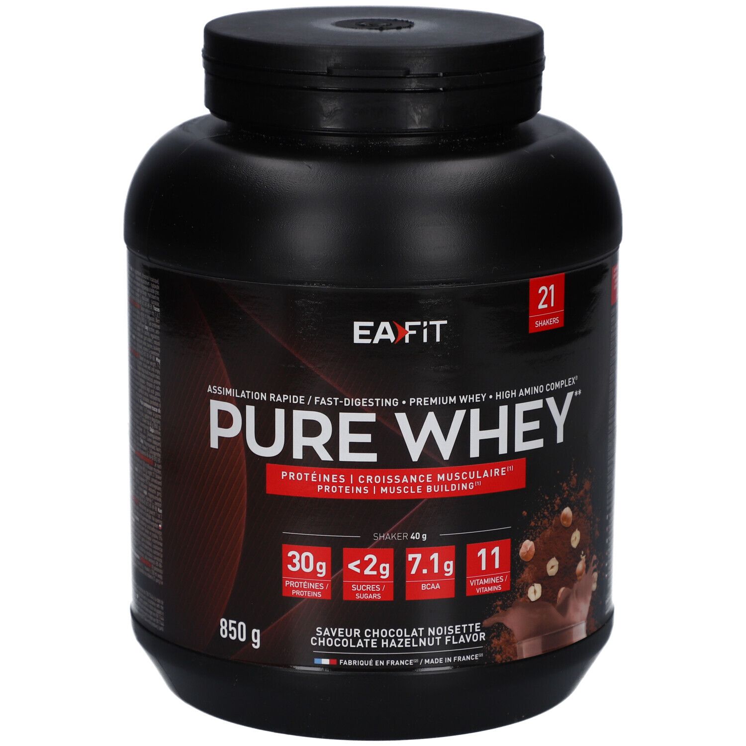 Pot noir EAFIT Pure Whey. Inscription: Pure Whey, 850g, saveur chocolat noisette. Contient protéines, sucres, BCAA et vitamines.