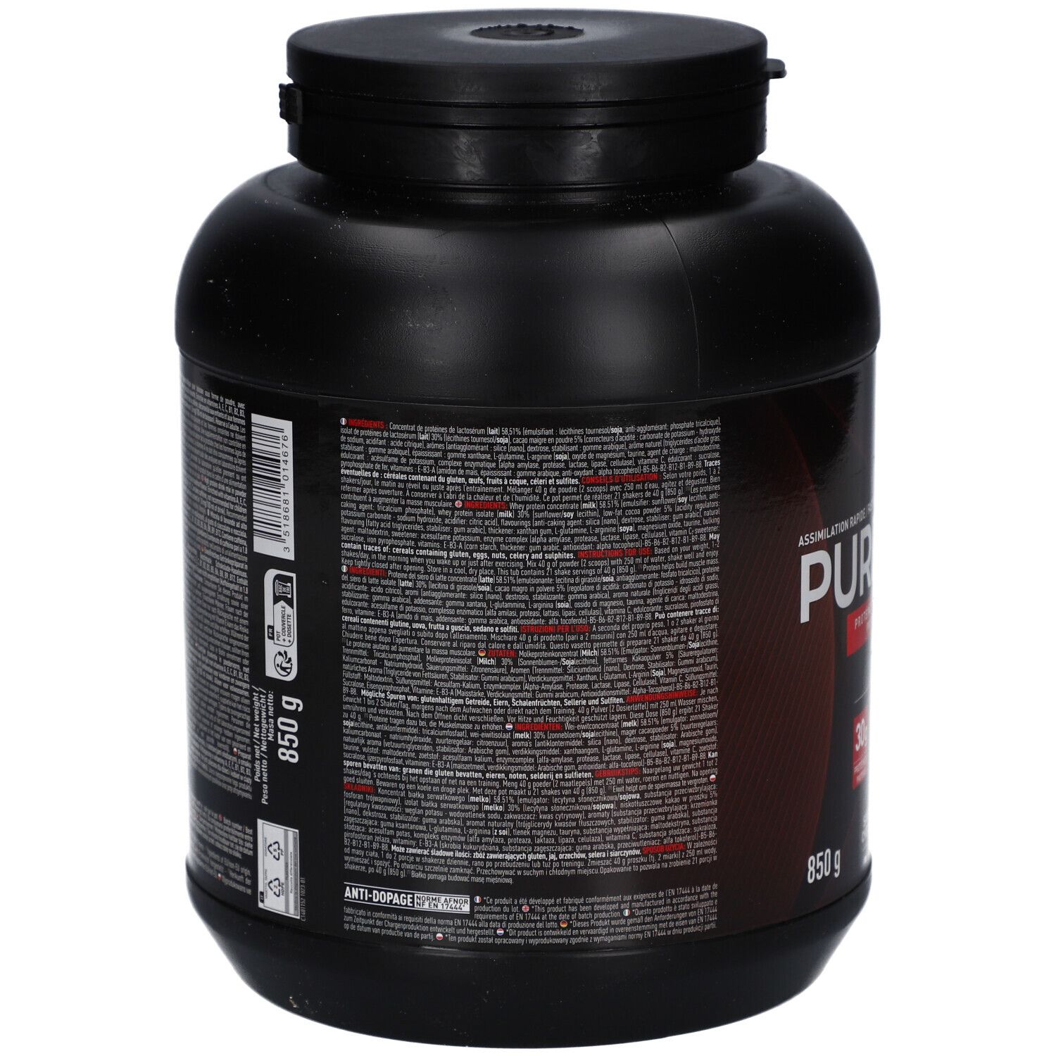 Dos du pot noir EAFIT Pure Whey. Texte multilingue. Contient informations nutritionnelles et ingrédients. 850g.