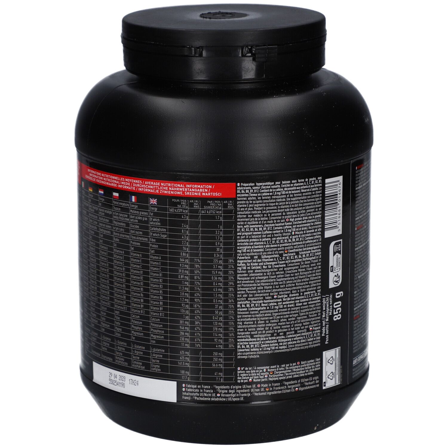 Dos du pot noir EAFIT Pure Whey. Informations nutritionnelles et ingrédients sous forme de tableau. 850g.