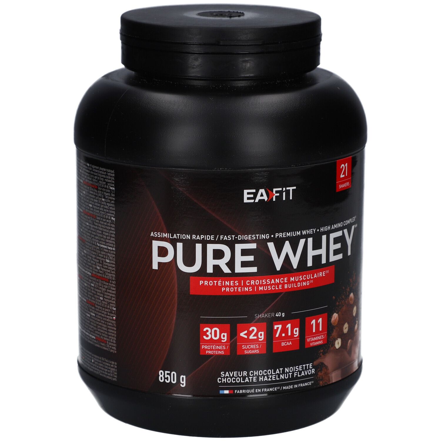 Pot noir EAFIT Pure Whey. Inscription: Pure Whey, 850g, saveur chocolat noisette. Contient protéines, sucres, BCAA et vitamines.