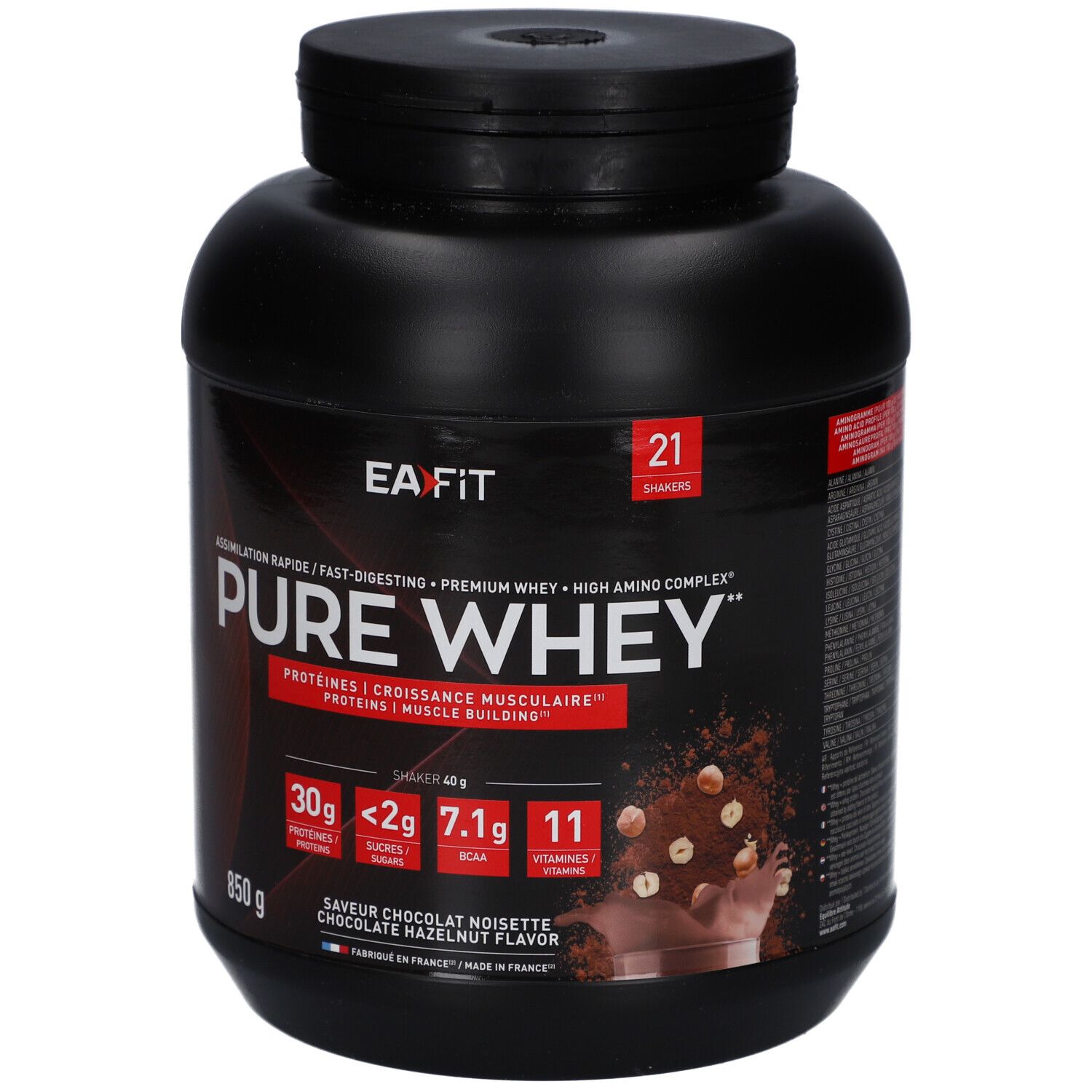 Pot noir EAFIT Pure Whey. Inscription: Pure Whey, 850g, saveur chocolat noisette. Contient protéines, sucres, BCAA et vitamines.