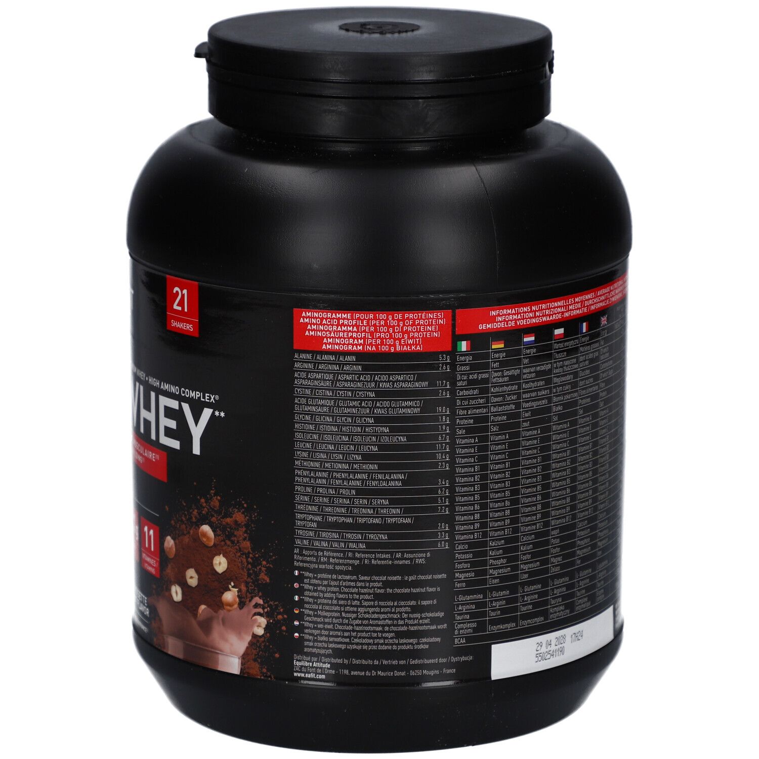 Dos du pot noir EAFIT Pure Whey. Texte multilingue. Contient informations nutritionnelles et ingrédients. 850g.