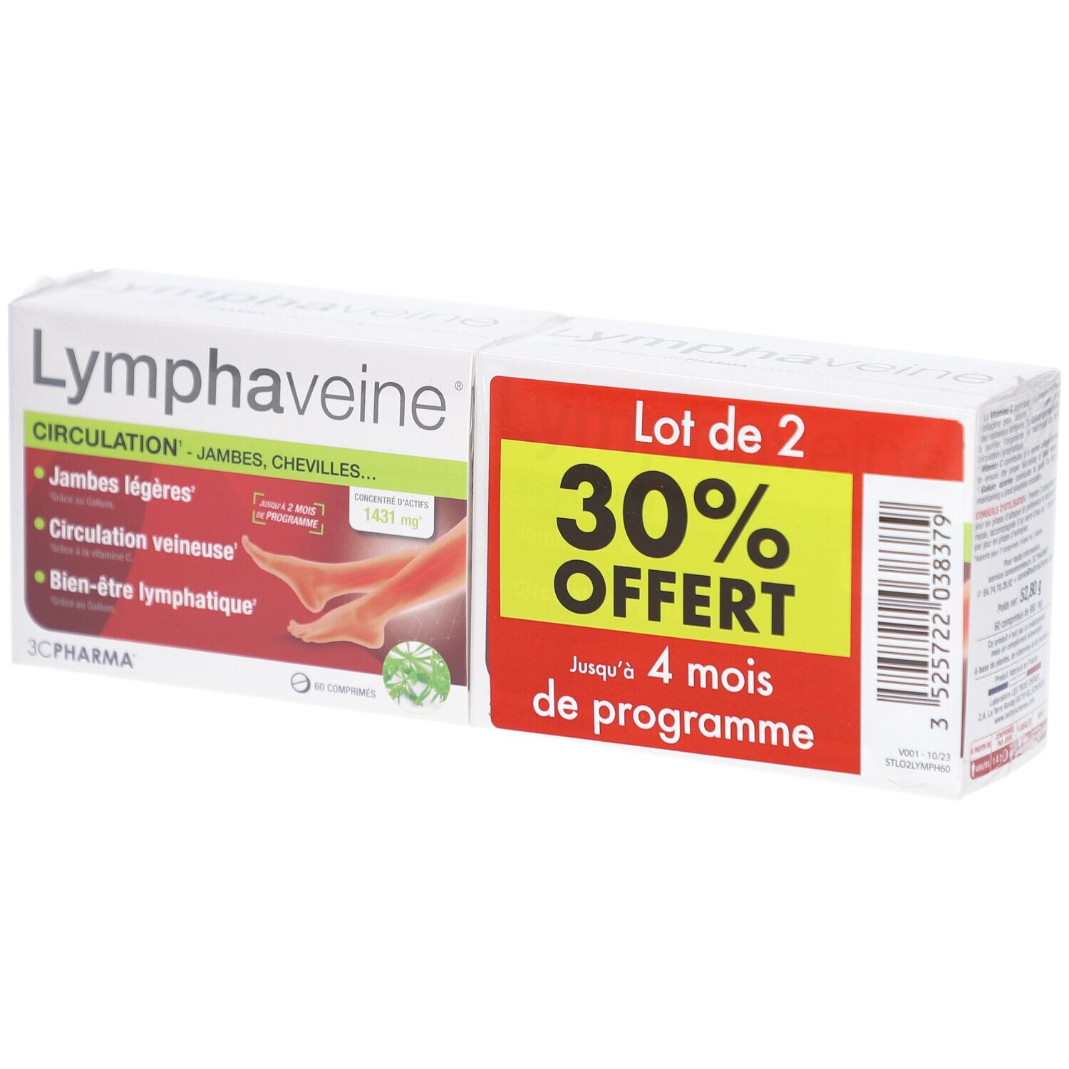 Deux boîtes de Lymphaveine. Inscription: Circulation, Jambes légères, Circulation veineuse, Bien-être lymphatique. 30% de remise.