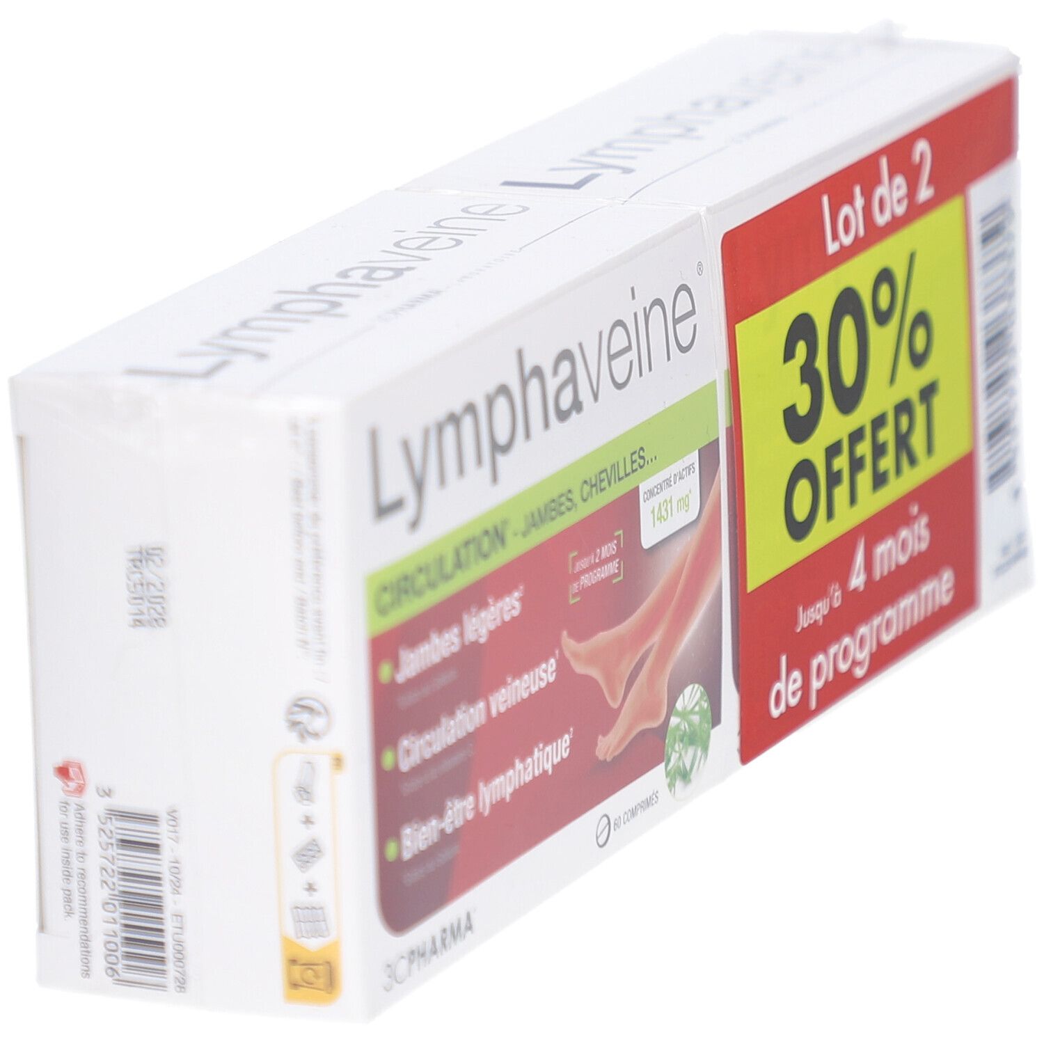 Emballage Lymphaveine. Inscription: Circulation, Jambes légères, Circulation veineuse, Bien-être lymphatique. Logo 3C Pharma. 30% de remise.