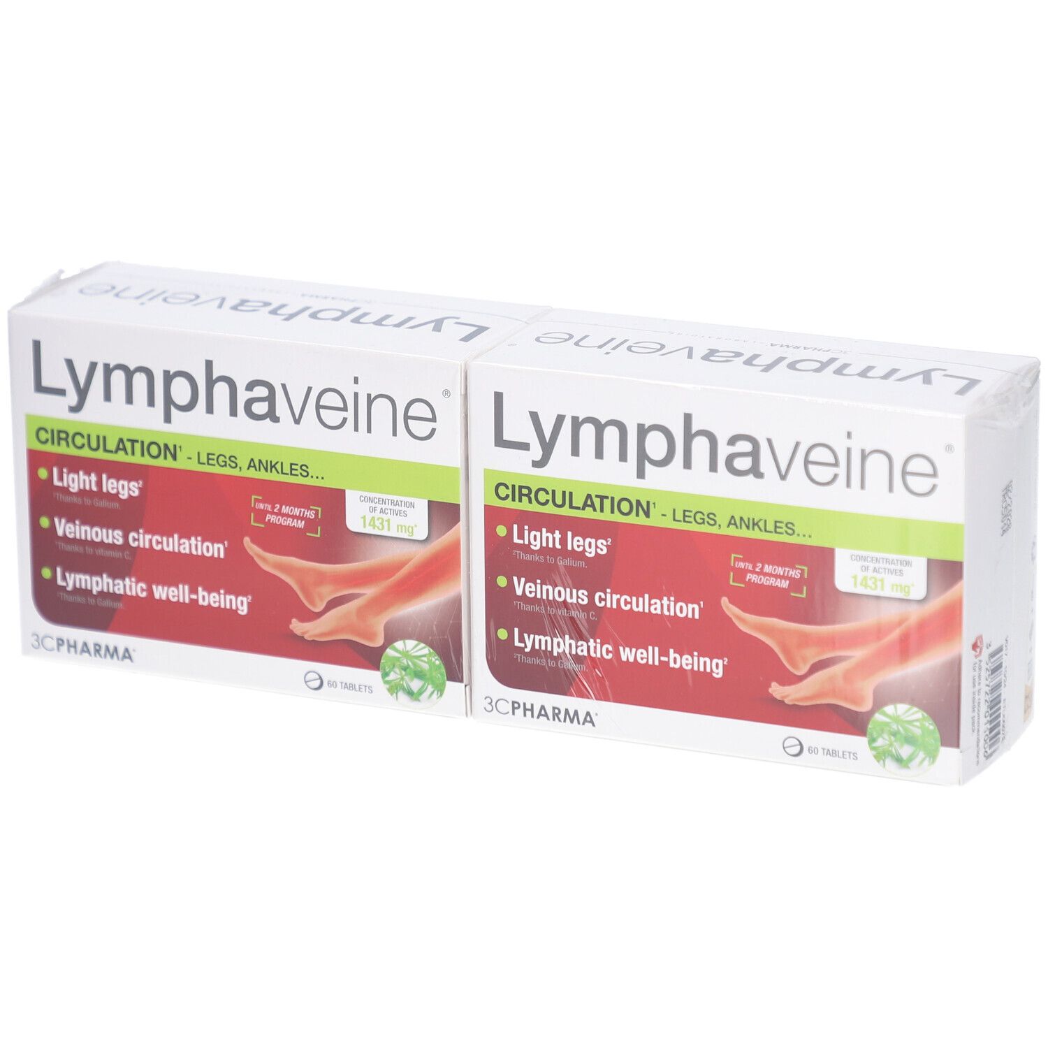 Deux boîtes de Lymphaveine. Inscription: Circulation, Light legs, Venous circulation, Lymphatic well-being. Logo 3C Pharma.