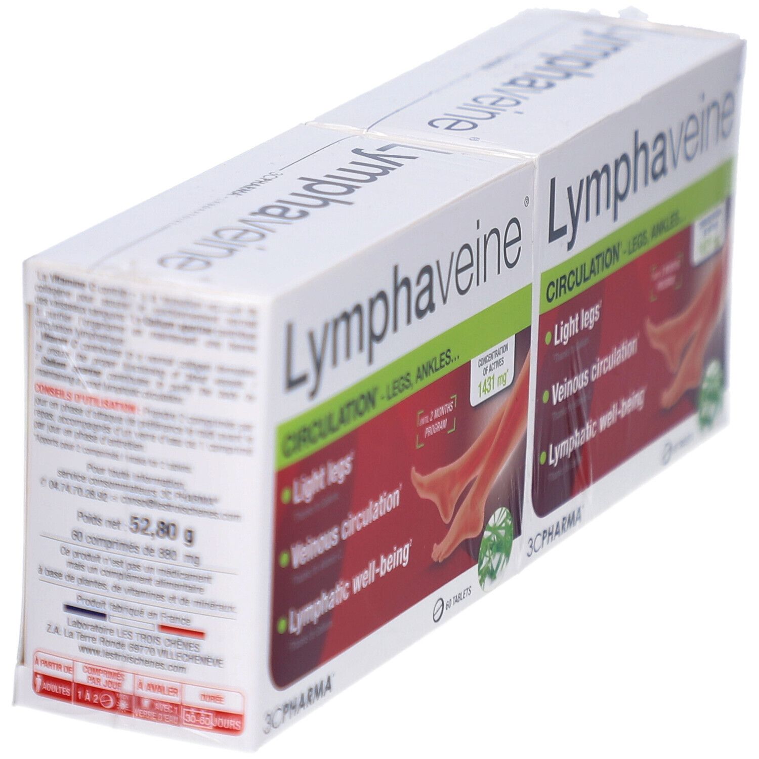 Emballage Lymphaveine. Inscription: Circulation, Light legs, Venous circulation, Lymphatic well-being. Logo 3C Pharma. 52,80 g.