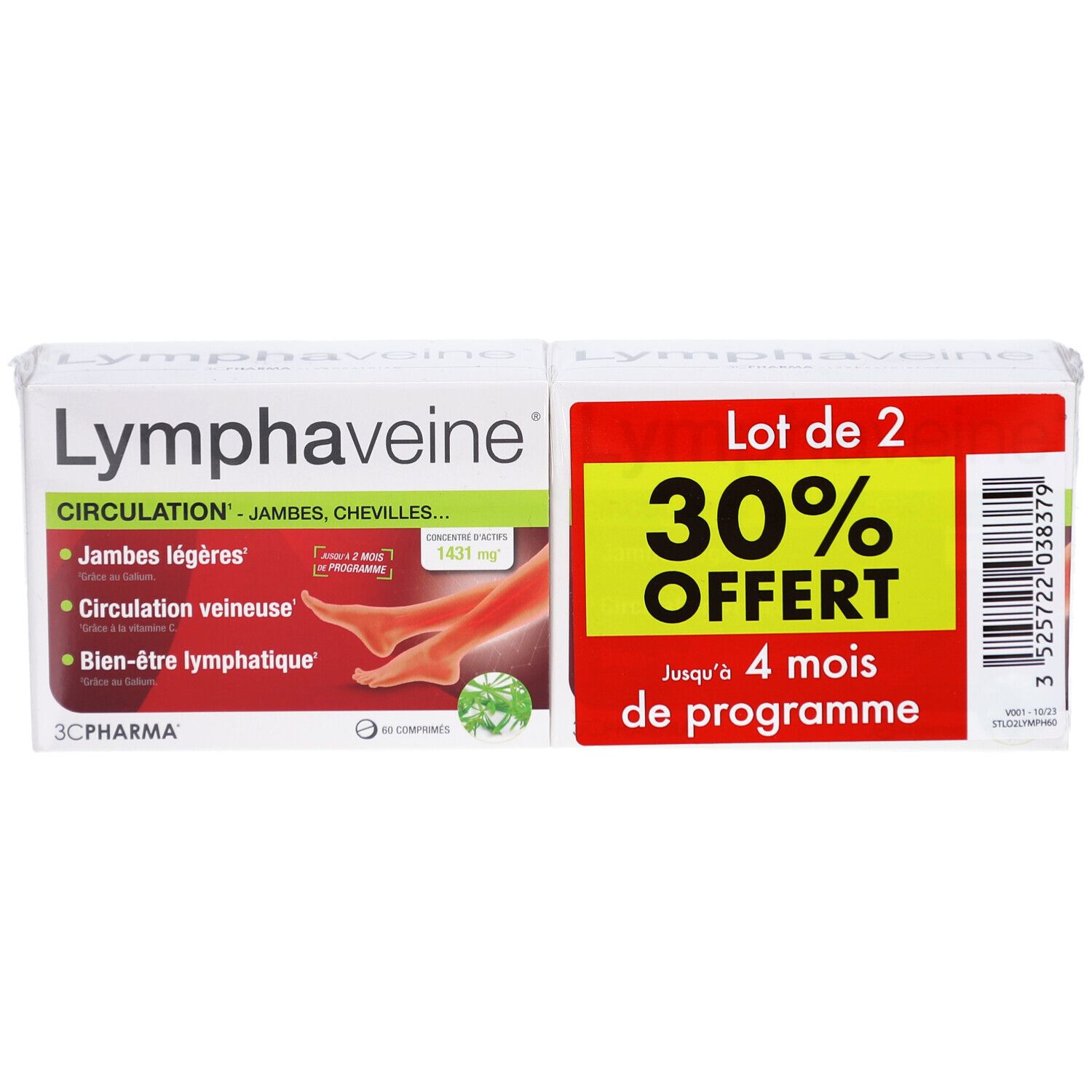 Deux boîtes de Lymphaveine. Inscription: Circulation, Jambes légères, Circulation veineuse, Bien-être lymphatique. 30% de remise.