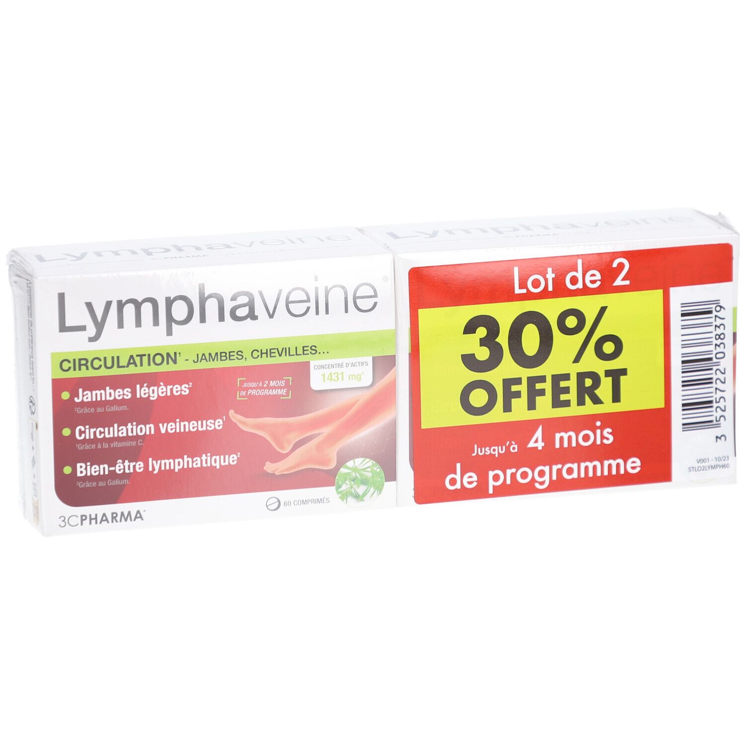 Deux boîtes de Lymphaveine. Inscription: Circulation, Jambes légères, Circulation veineuse, Bien-être lymphatique. 30% de remise.