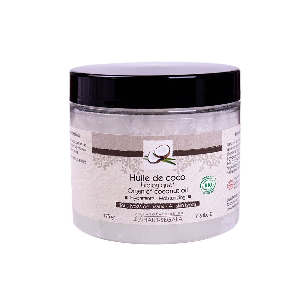 Pot d'huile de coco. Couvercle noir, étiquette blanche avec informations et logo bio. 175 g, 6.6 fl.oz. Marque visible.