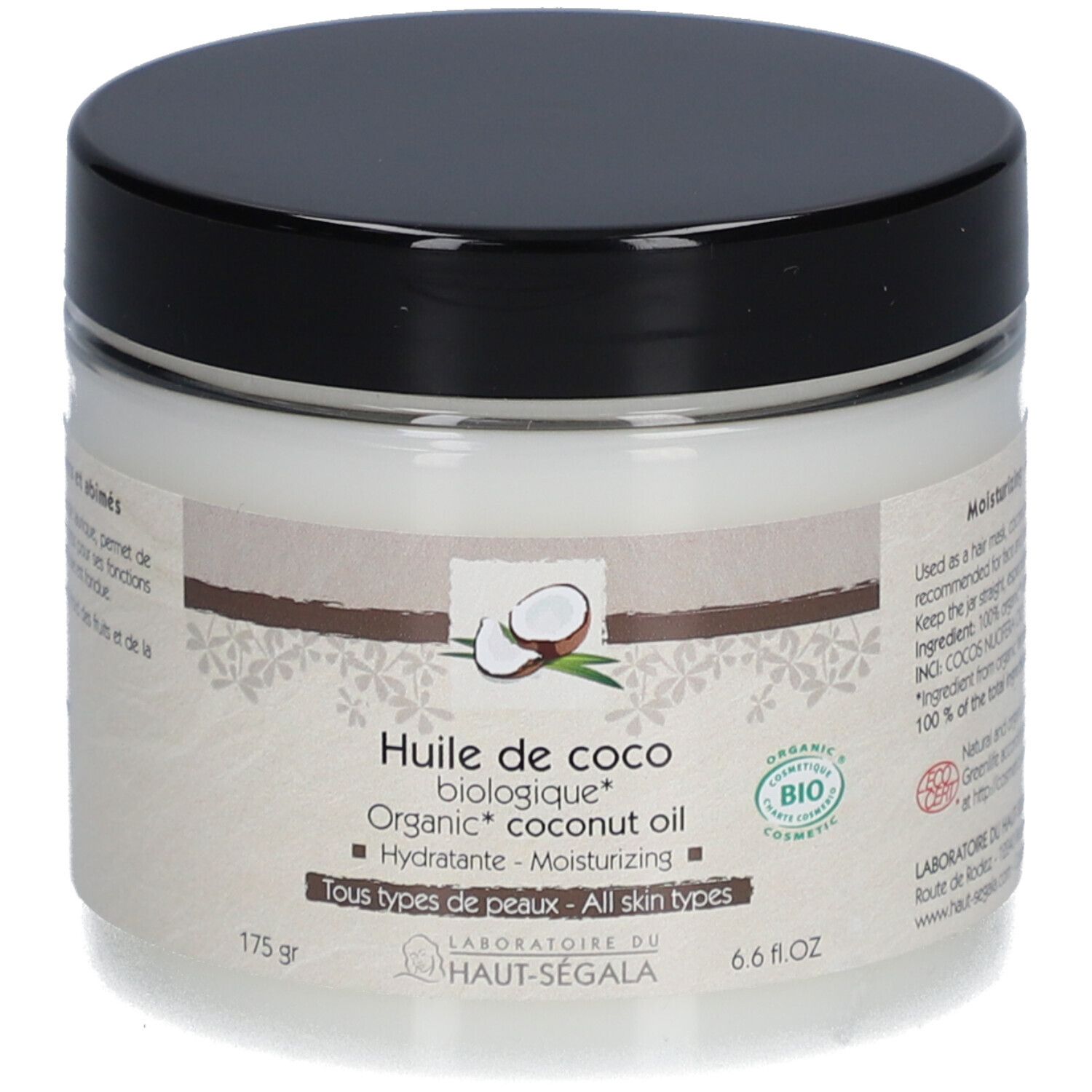 Pot d'huile de coco. Couvercle noir, étiquette blanche avec informations et logo bio. 175 g, 6.6 fl.oz. Marque visible.