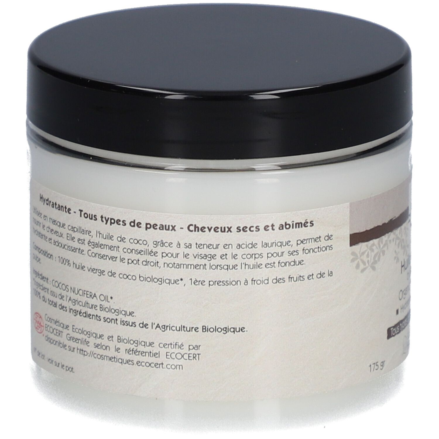 Dos du pot d'huile de coco. Couvercle noir, étiquette blanche avec informations. Texte sur ingrédients et utilisation.