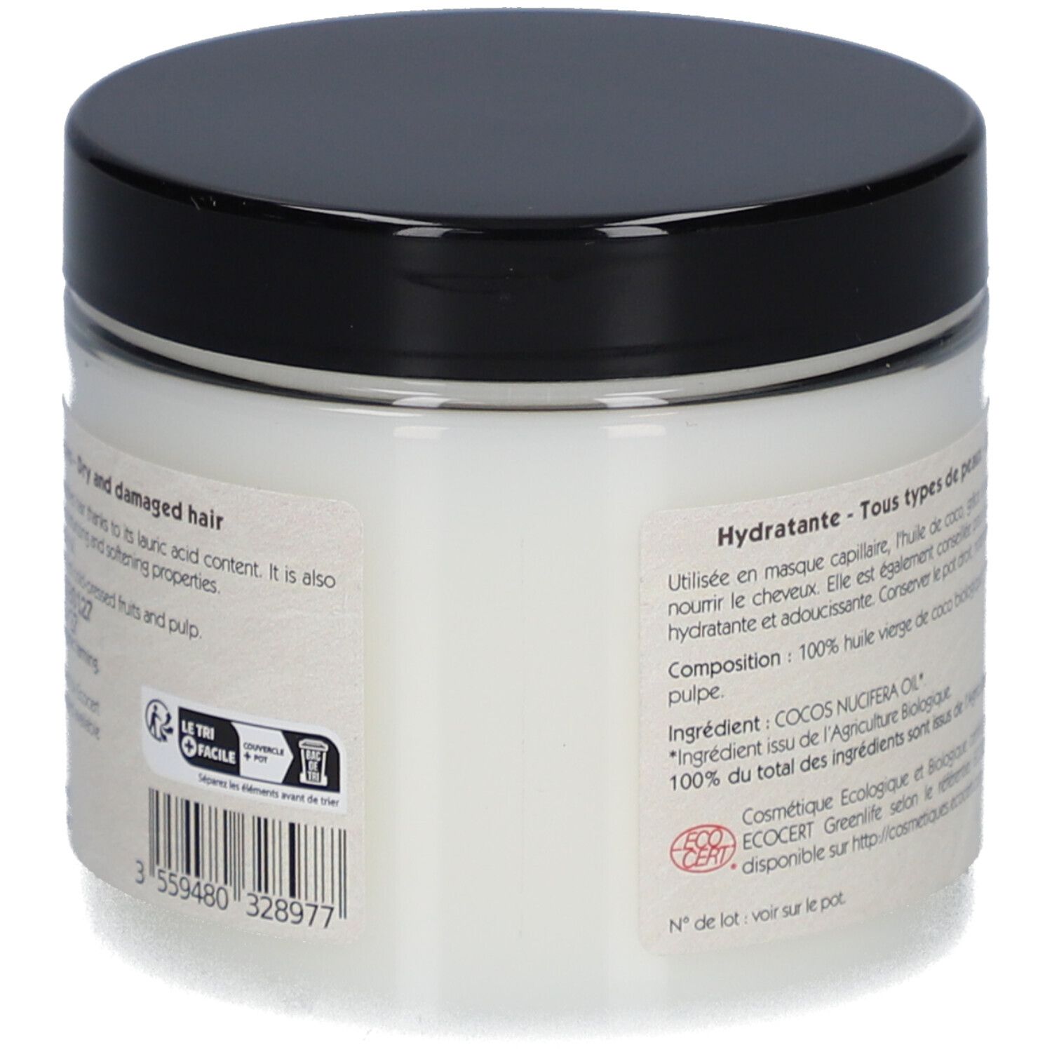 Dos du pot d'huile de coco. Couvercle noir, étiquette blanche avec informations. Texte sur ingrédients et utilisation.