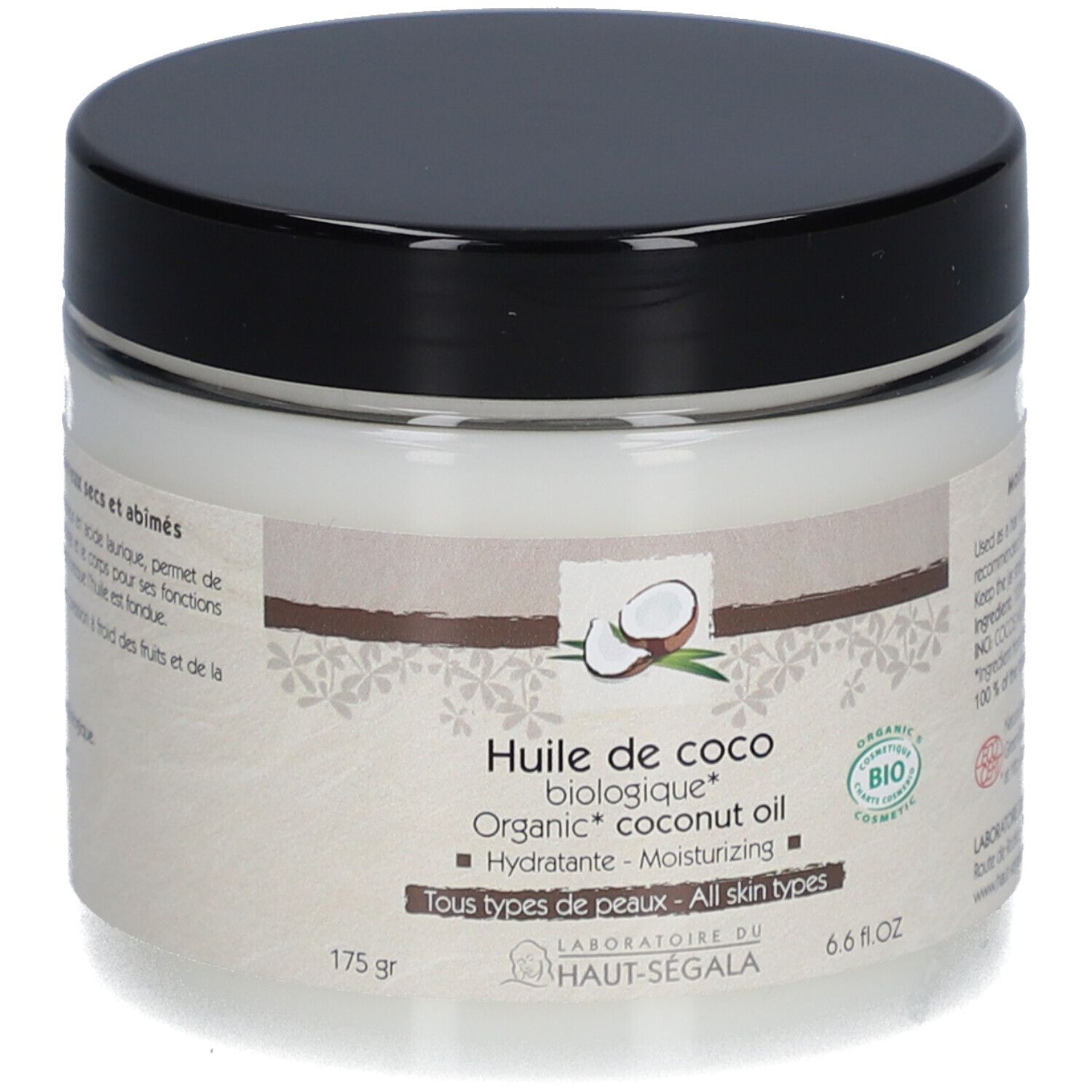 Pot d'huile de coco. Couvercle noir, étiquette blanche avec informations et logo bio. 175 g, 6.6 fl.oz. Marque visible.