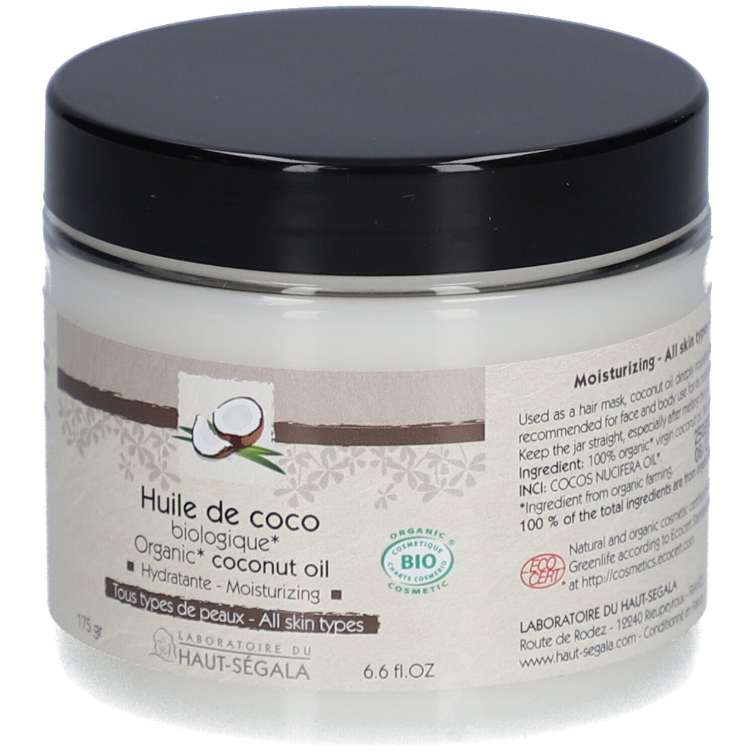 Pot d'huile de coco. Couvercle noir, étiquette blanche avec informations et logo bio. 175 g, 6.6 fl.oz. Marque visible.