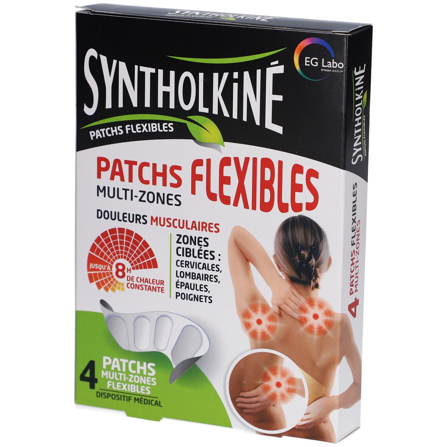 Boîte de patches Syntholkiné. Inscription : Patches Flexibles, Multi-Zones, douleurs musculaires. Illustration d'une femme avec points de douleur.