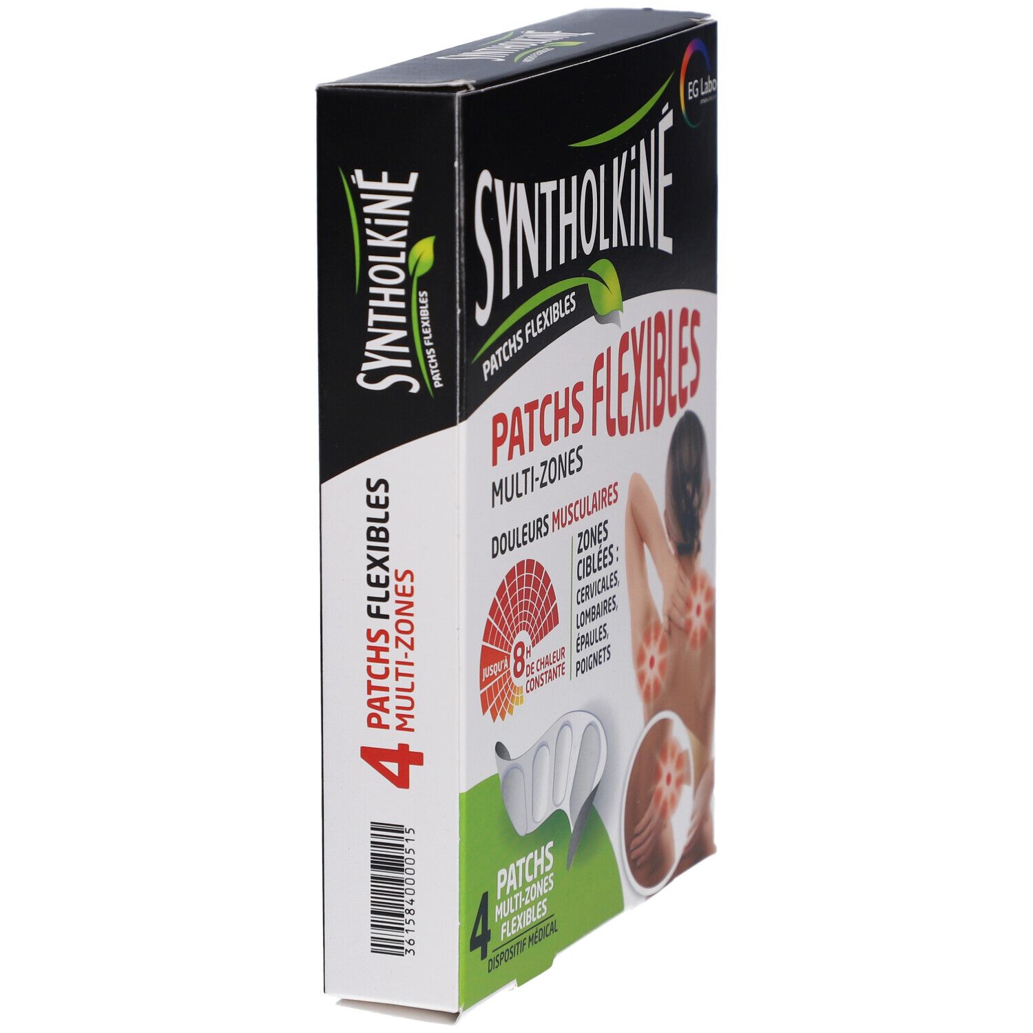 Boîte de patches Syntholkiné, vue latérale. Inscription : Patches Flexibles, Multi-Zones. 4 patches. Emballage noir et blanc.