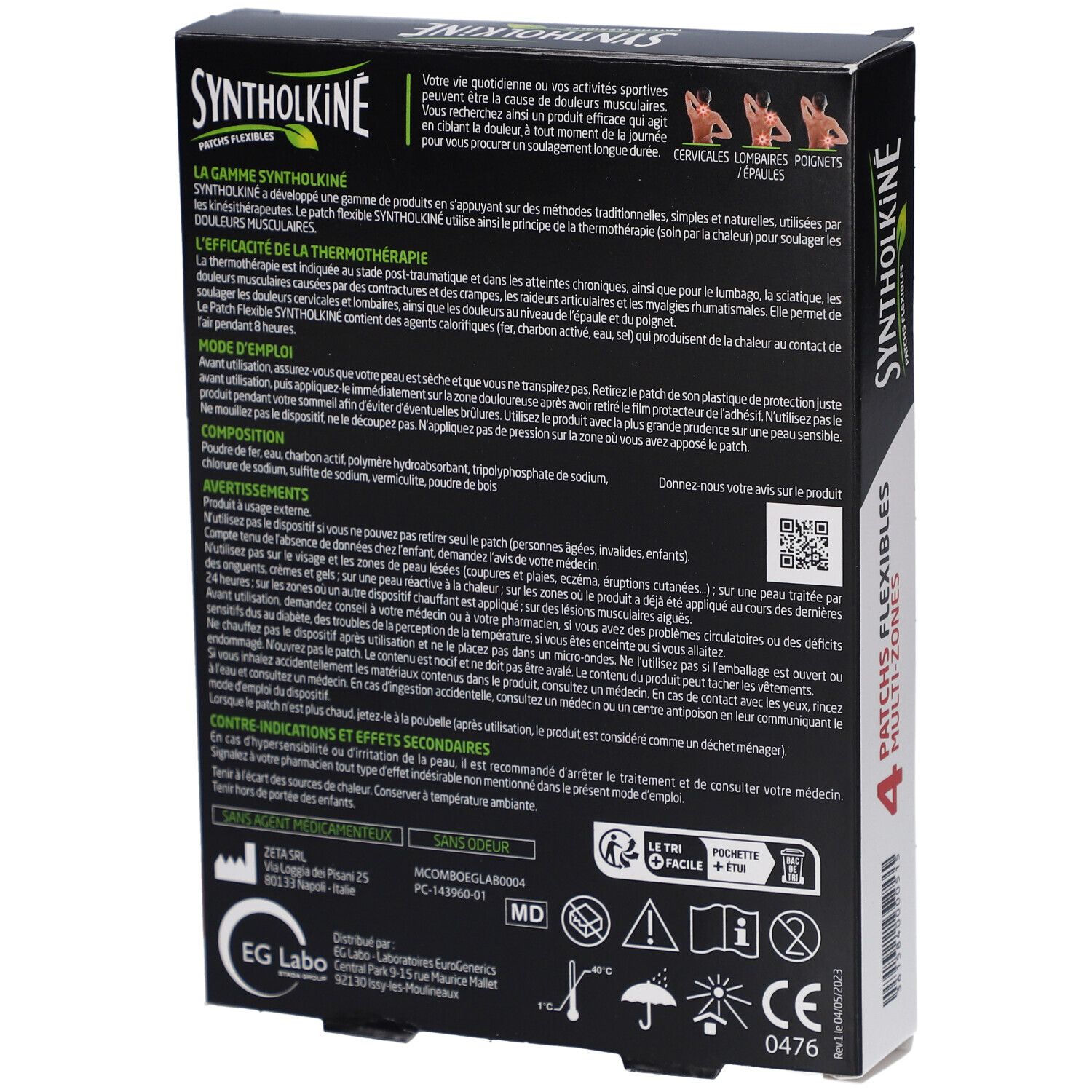 Dos de la boîte de patches Syntholkiné. Texte en français. Informations sur l'utilisation, les ingrédients et les avertissements.