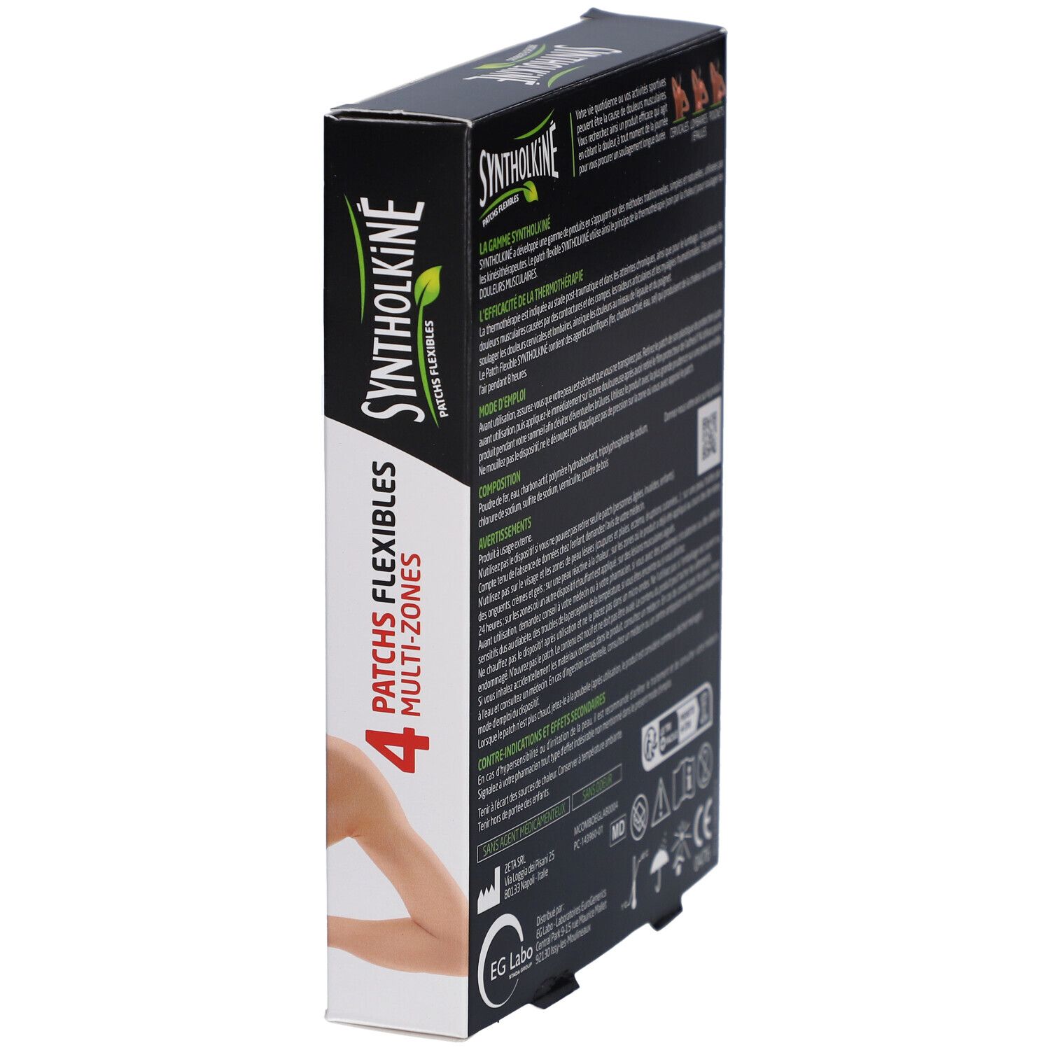 Boîte de patches Syntholkiné, vue latérale. Texte en français. Informations et logos.