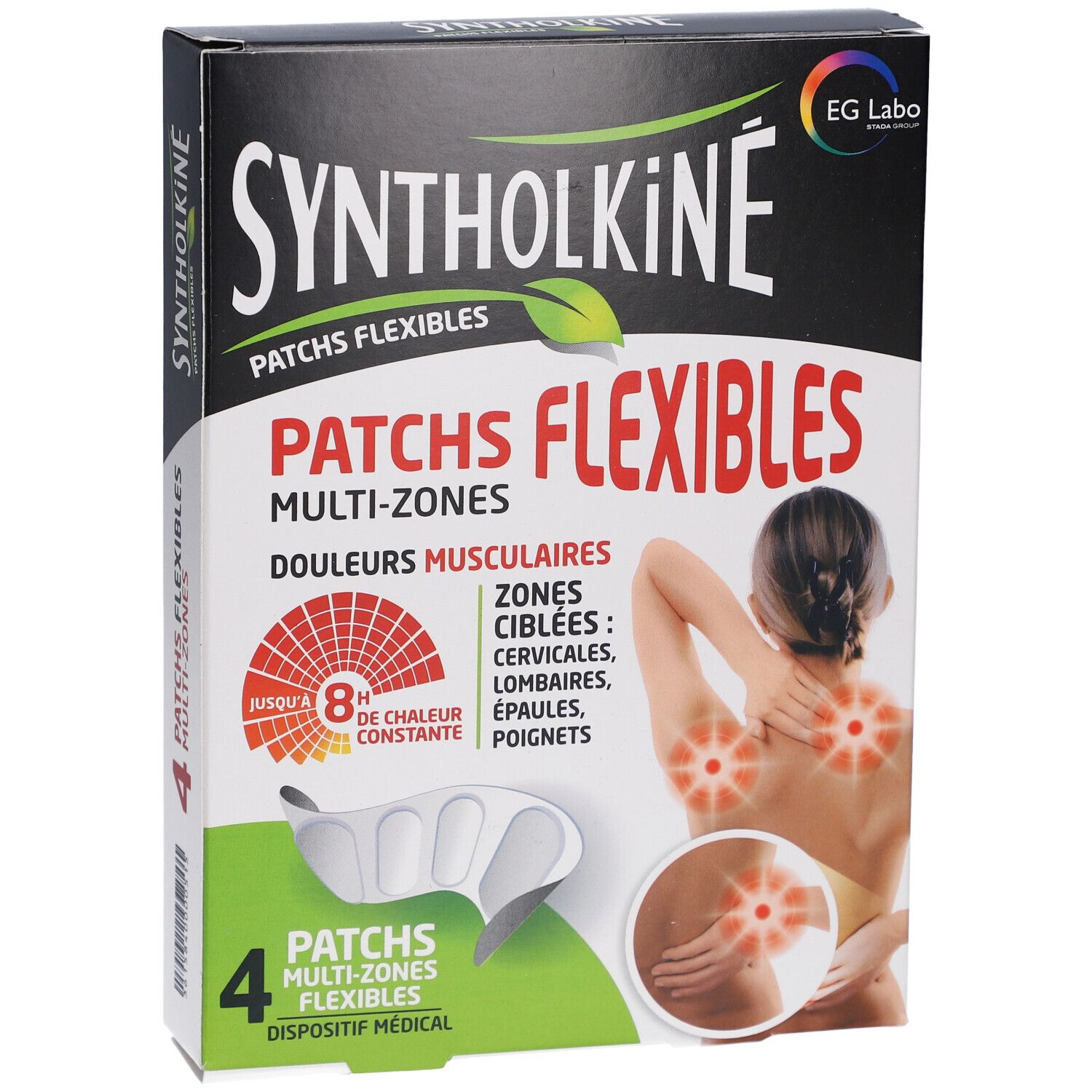 Boîte de patches Syntholkiné. Inscription : Patches Flexibles, Multi-Zones, douleurs musculaires. Illustration d'une femme avec points de douleur.