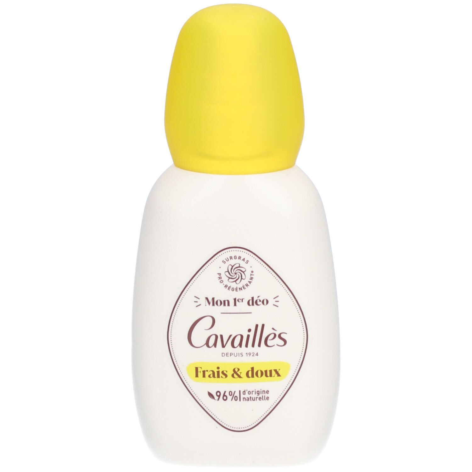 Flacon de déodorant blanc avec bouchon jaune. Inscription: Cavallès, Mon 1er déo, Frais & doux. 96% d'origine naturelle.