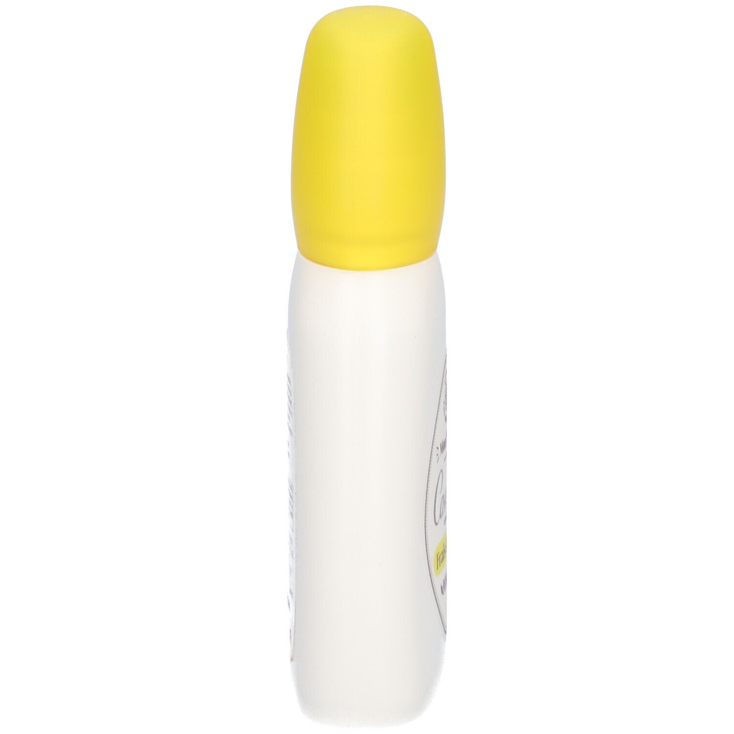 Flacon de déodorant blanc avec bouchon jaune, vue latérale. Aucun autre détail visible.