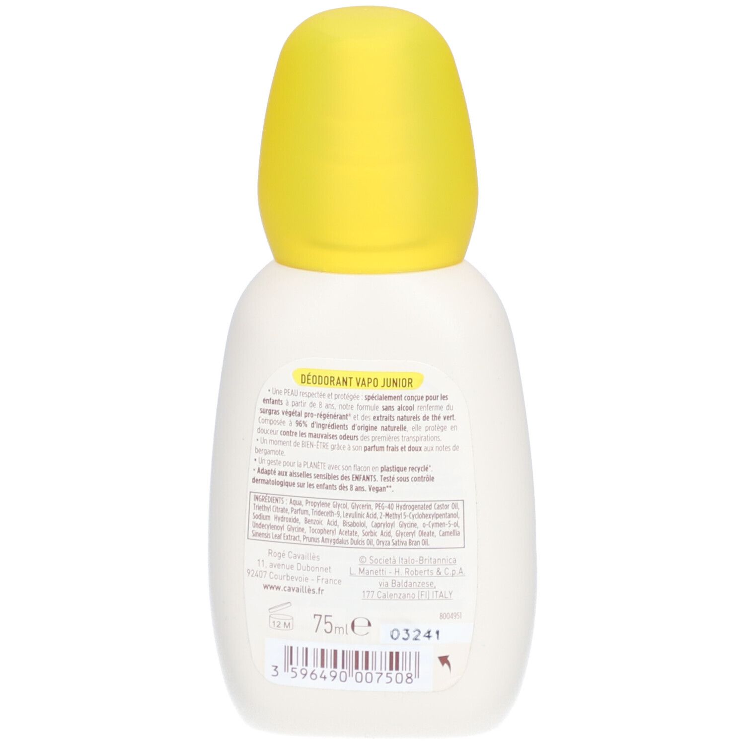 Dos du flacon de déodorant. Texte: Déodorant vapo junior. Ingrédients, 75ml, code-barres.