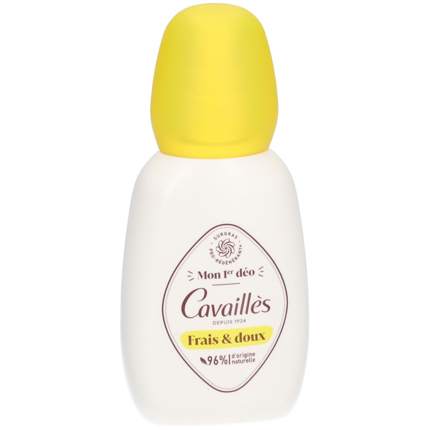Flacon de déodorant blanc avec bouchon jaune. Inscription: Cavallès, Mon 1er déo, Frais & doux. 96% d'origine naturelle.
