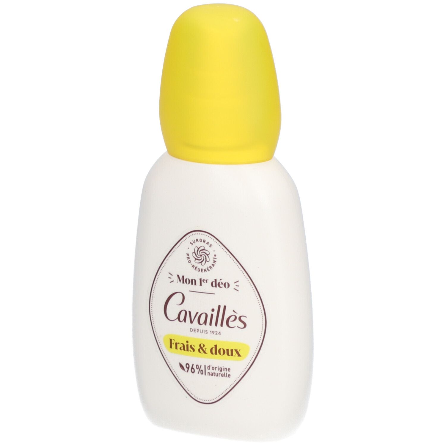 Flacon de déodorant blanc avec bouchon jaune. Inscription: Cavallès, Mon 1er déo, Frais & doux. 96% d'origine naturelle.