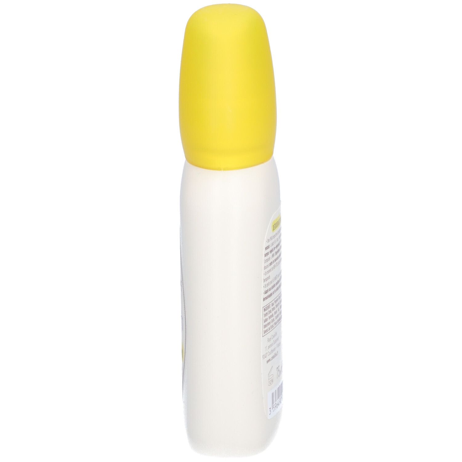 Flacon de déodorant blanc avec bouchon jaune, vue latérale. Aucun autre détail visible.