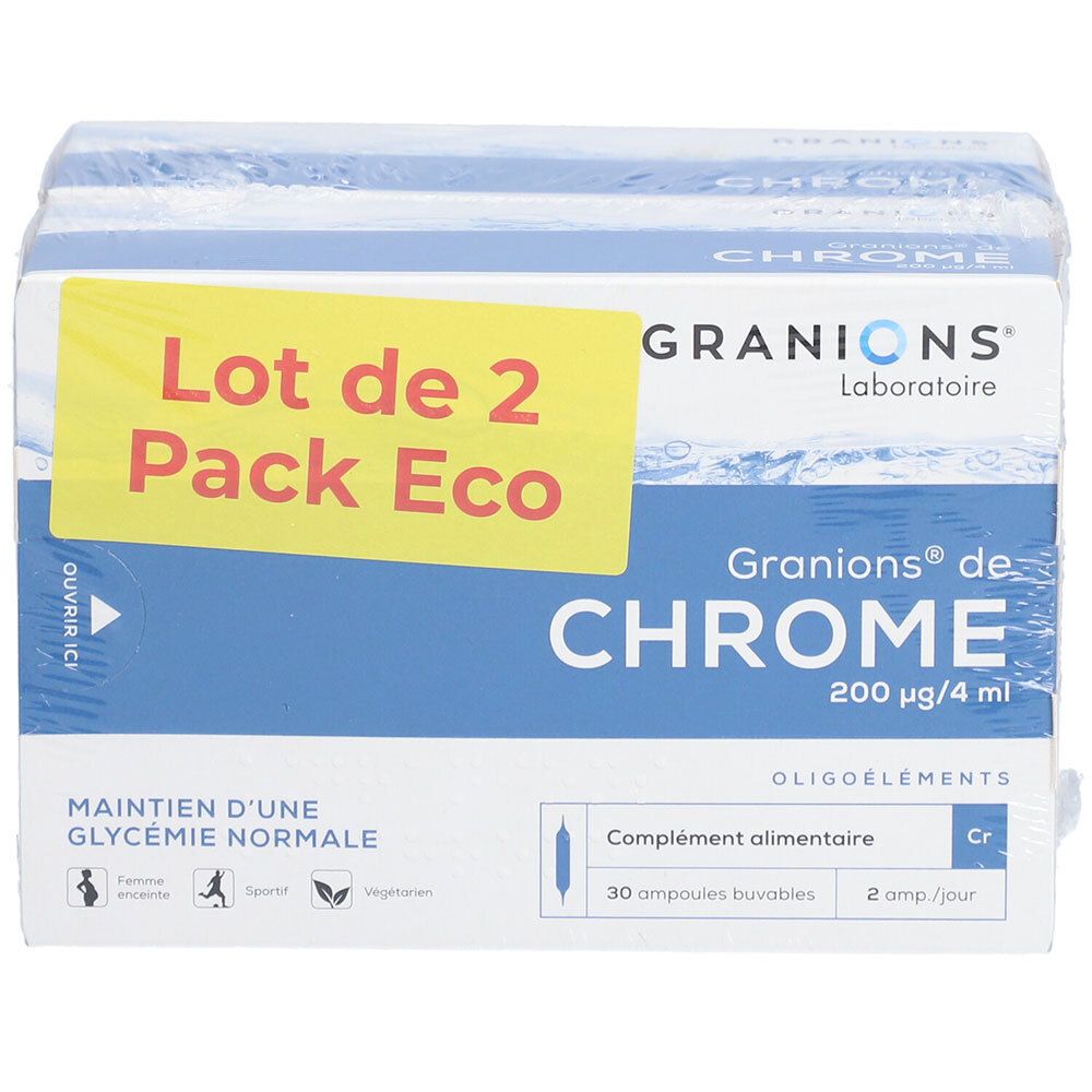 Boîte de Granions de Chrome. Emballage bleu et blanc avec autocollant jaune. Contient 30 ampoules buvables.