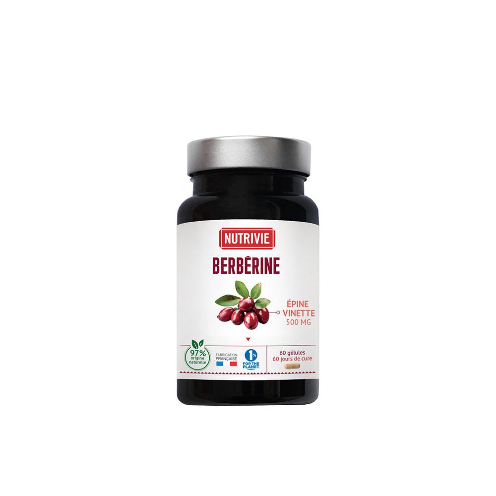 Flacon Nutrivie Berberine avec étiquette montrant des baies et 'Épine Vinette 500 mg'.