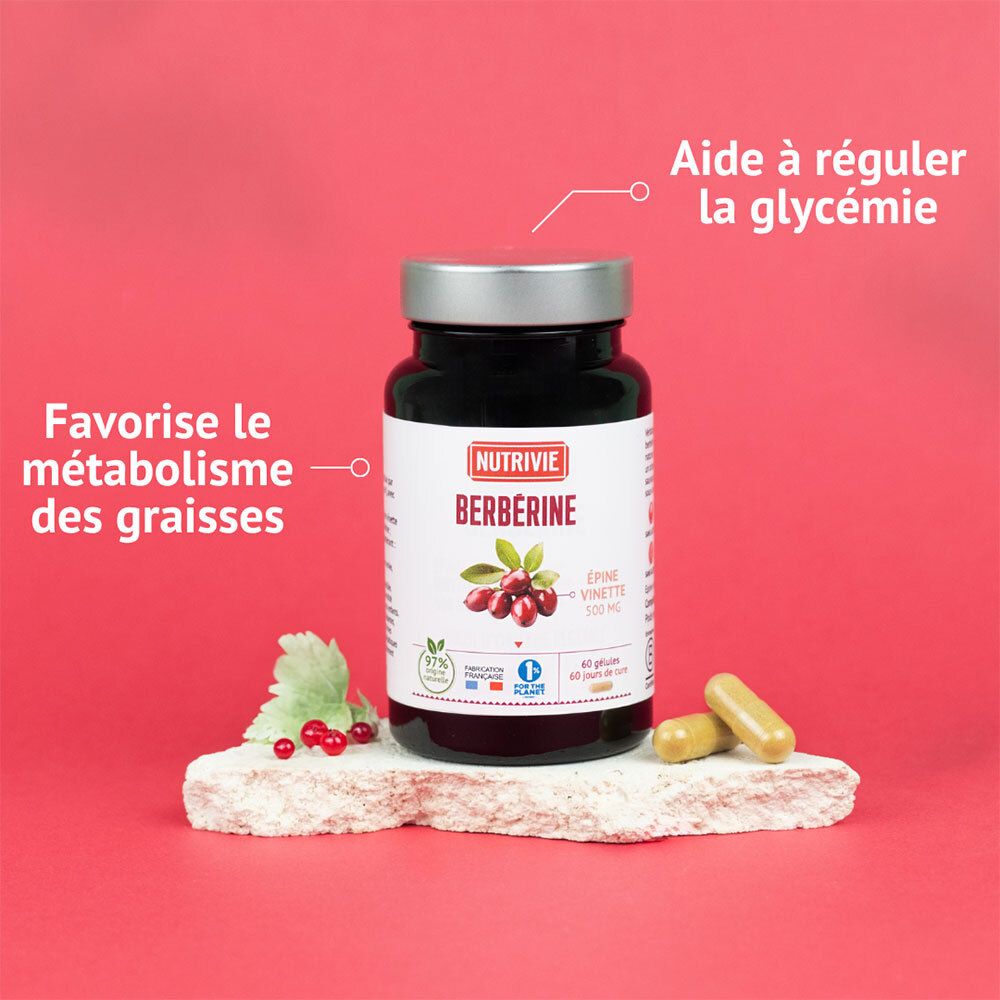 Bouteille Nutrivie Berberine sur pierre, avec textes 'Favorise le métabolisme des graisses' et 'Aide à réguler la glycémie'.