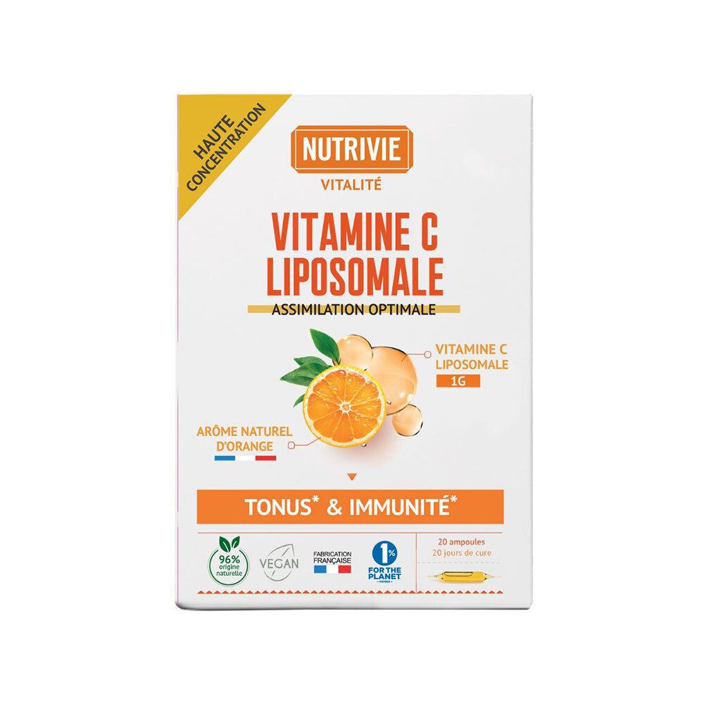Packaging Nutrivie Vitamine C Liposomale avec illustration d'orange et mentions Tonus & Immunité.