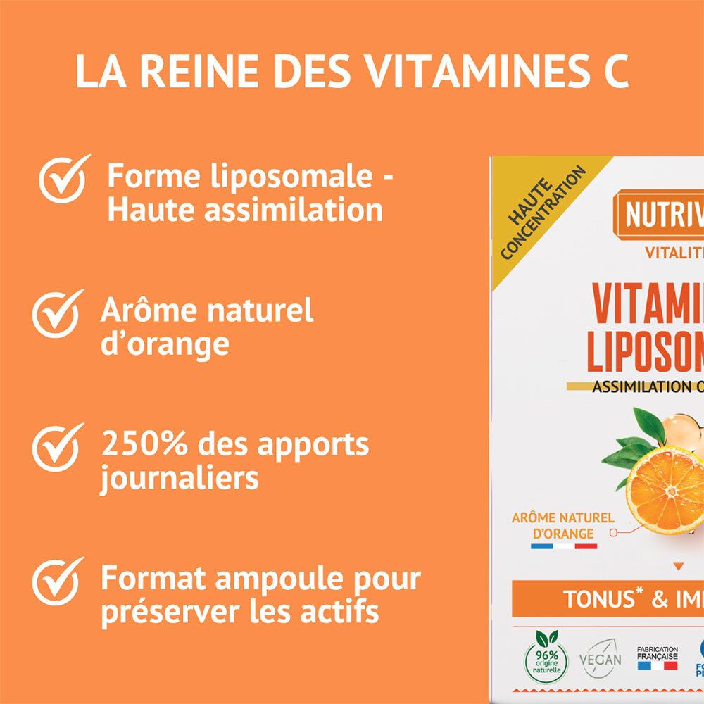 Packaging Nutrivie Vitamine C Liposomale avec détails sur la forme liposomale, l'arôme d'orange et l'apport journalier.