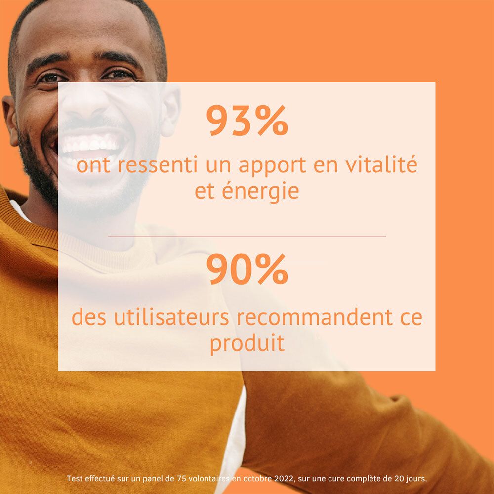 Homme souriant avec texte sur 93% d'augmentation de vitalité et 90% de recommandation du produit.