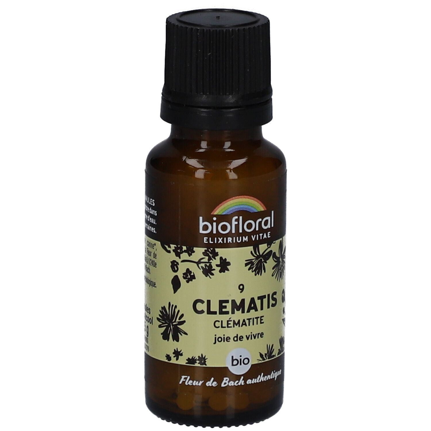 Flacon en verre brun avec bouchon noir. Étiquette "BIOFLORAL", "Clématis", "joie de vivre" et "bio".