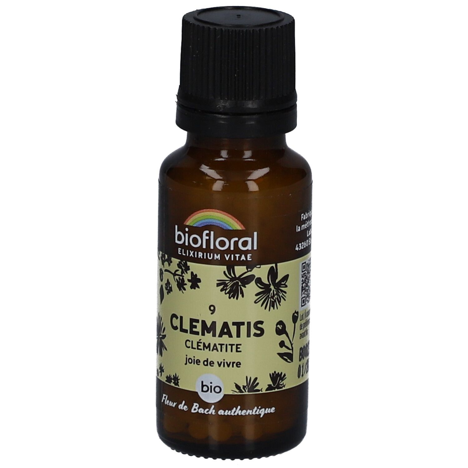 Flacon en verre brun avec bouchon noir. Étiquette "BIOFLORAL", "Clématis", "joie de vivre" et "bio".