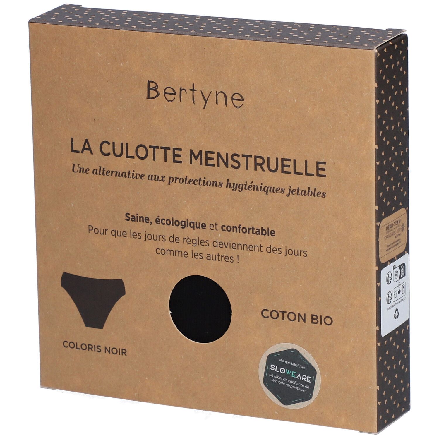 Boîte BERTYNE pour culotte menstruelle. Culotte noire illustrée. Coton bio. Certification Slowcare.
